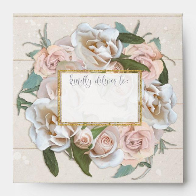Rustic Elegant Pretty Rose Wreath Gold Wooden Envelope (Front)