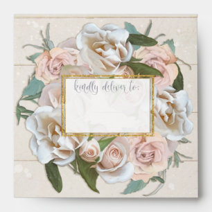 Rustic Elegant Pretty Rose Wreath Gold Wooden Envelopes