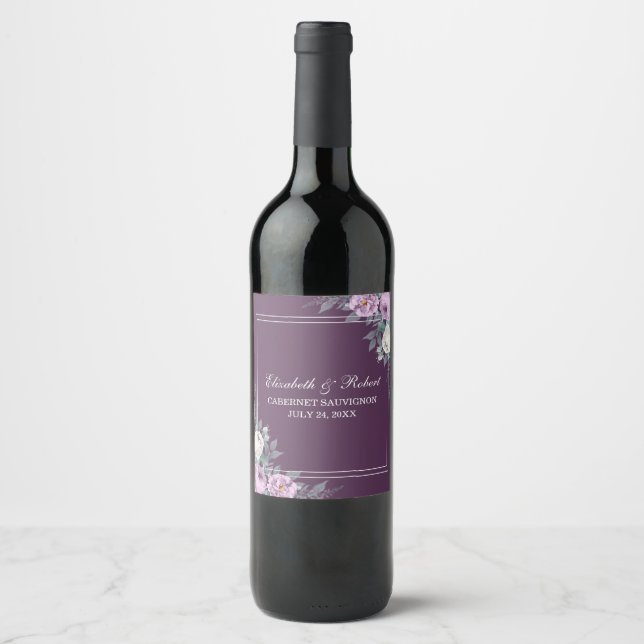 Rustic Elegant Purple and Lilac Peonies Wine Label (Front)