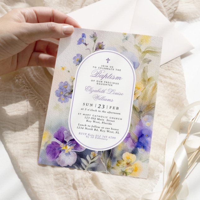 Rustic Elegant Purple & Yellow Flowers Baptism Invitation (Creator Uploaded)