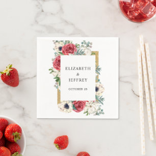 Rustic Elegant Red and Gold Floral White Wedding Napkin