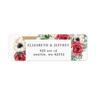 Rustic Elegant Red and Gold Floral White Wedding Return Address Label
