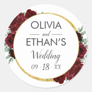 Rustic Elegant Red Rose Floral Gold White Wedding Classic Round Sticker
