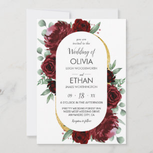 Rustic Elegant Red Rose Floral Gold White Wedding Invitation