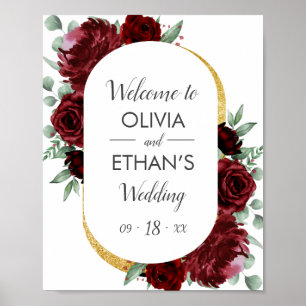 Rustic Elegant Red Rose Floral Gold White Wedding Poster