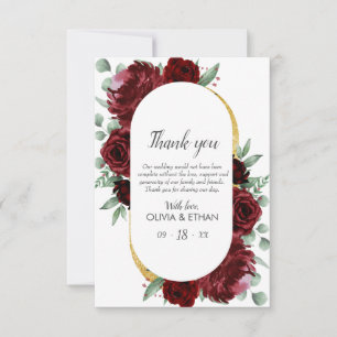 Rustic Elegant Red Rose Floral Gold White Wedding Thank You Card
