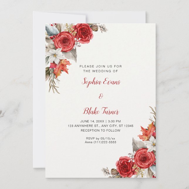 Rustic Elegant Red Roses Fall Off White Wedding Invitation (Front)