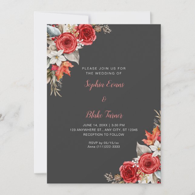 Rustic Elegant Red Roses Fall Shadow Grey Wedding Invitation (Front)