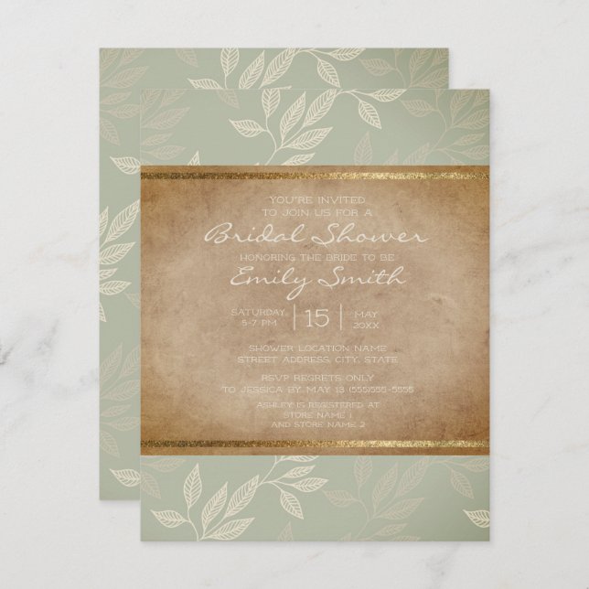 Rustic Elegant Sage Green Leaves Bridal Shower Invitation (Front/Back)