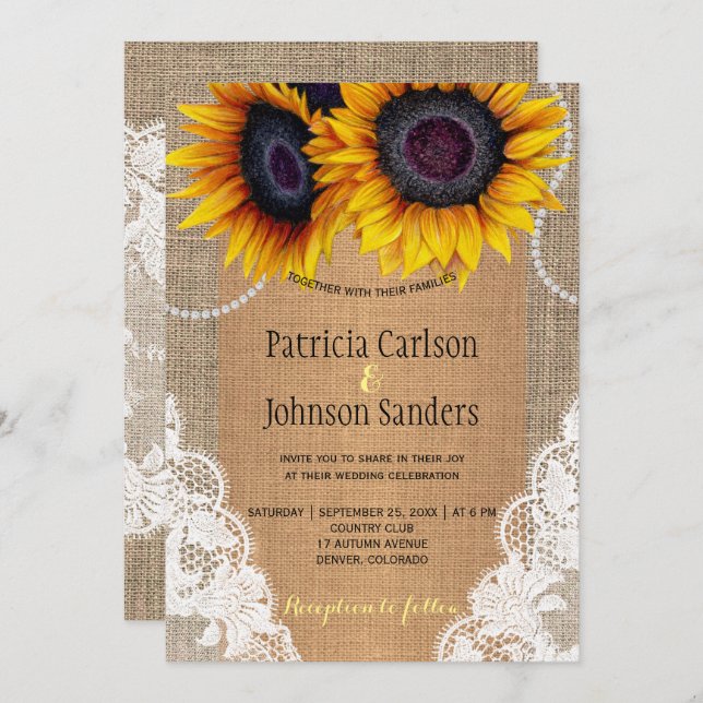 Rustic elegant sunflower burlap and lace wedding invitation (Front/Back)