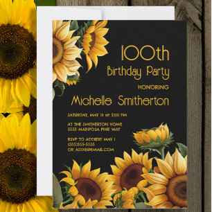 Rustic Elegant Sunflowers Black 100th Birthday Invitation