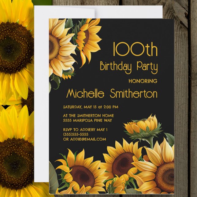 Rustic Elegant Sunflowers Black 100th Birthday Invitation (Sunflowers on black 100th birthday invitation)