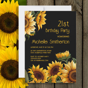 Rustic Elegant Sunflowers Black 21st Birthday Invitation