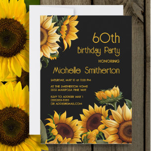 Rustic Elegant Sunflowers Black 60th Birthday Invitation