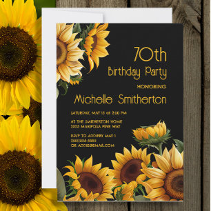 Rustic Elegant Sunflowers Black 70th Birthday Invitation