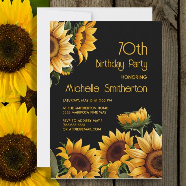 Rustic Elegant Sunflowers Black 70th Birthday Invitation (Sunflowers on black 70th birthday party invitation)