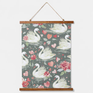 Rustic Elegant Swans & Hearts Elements Pattern Hanging Tapestry