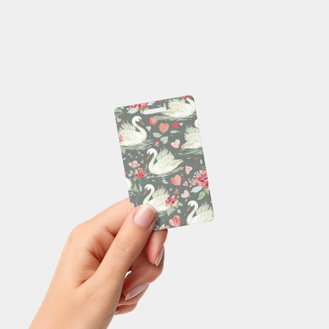 Rustic Elegant Swans & Hearts Elements Pattern ID Badge (Handheld)