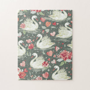 Rustic Elegant Swans & Hearts Elements Pattern Jigsaw Puzzle