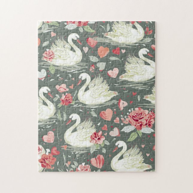 Rustic Elegant Swans & Hearts Elements Pattern Jigsaw Puzzle (Vertical)