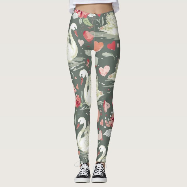 Rustic Elegant Swans & Hearts Elements Pattern Leggings (Front)