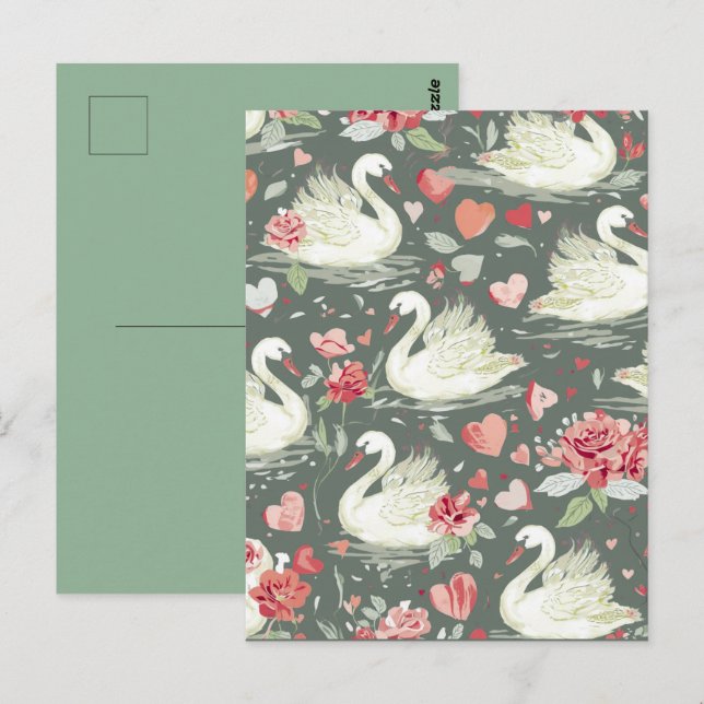 Rustic Elegant Swans & Hearts Elements Pattern Postcard (Front/Back)