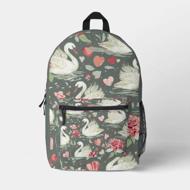 Rustic Elegant Swans & Hearts Elements Pattern Printed Backpack (Front)