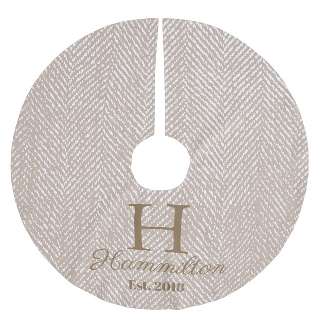 Rustic Elegant Taupe Herringbone Personalised Brushed Polyester Tree Skirt (Front)