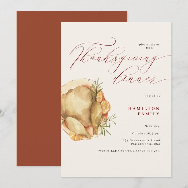 Rustic Elegant Thanksgiving Dinner Turkey Invitation (Front/Back)