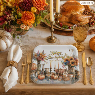 Rustic Elegant Thanksgiving with Gold Script Paper Plate