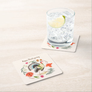 Rustic Elegant Turkey Thanksgiving Botanical  Square Paper Coaster