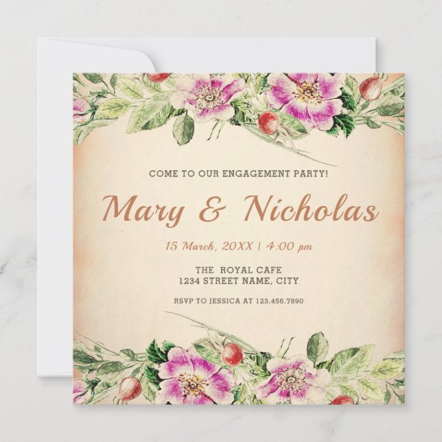 Rustic Elegant Vintage Floral Engagement Party  Invitation (Front)