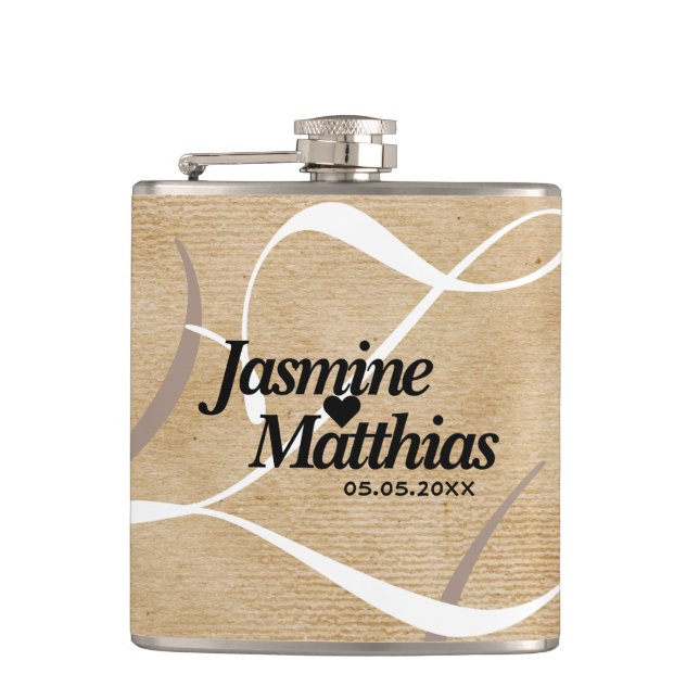 Rustic Elegant Vintage Monogram Burlap Wedding Hip Flask (Front)