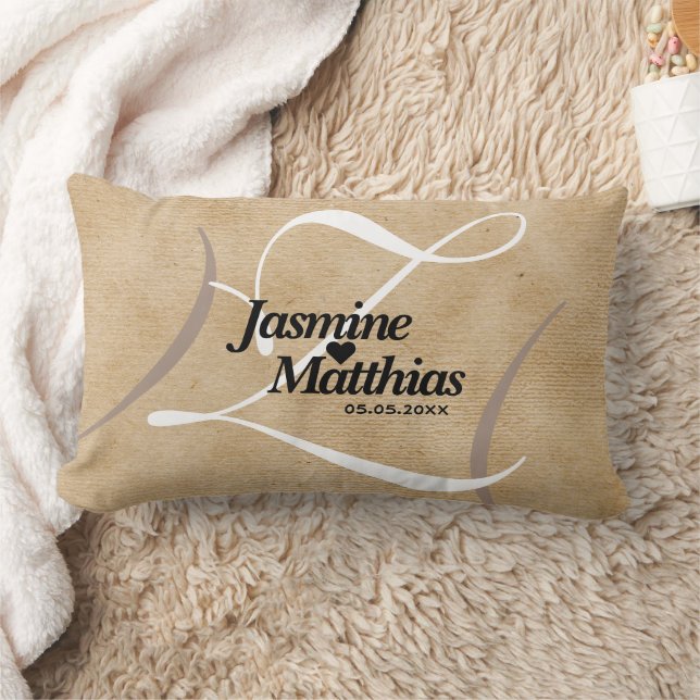 Rustic Elegant Vintage Monogram Burlap Wedding Lumbar Cushion (Blanket)