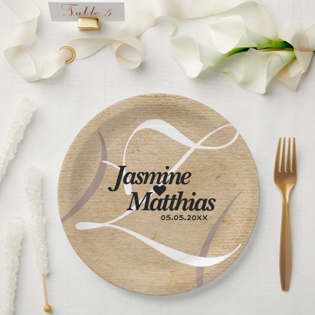 Rustic Elegant Vintage Monogram Burlap Wedding Paper Plate (Wedding)