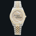 Rustic Elegant Vintage Monogram Burlap Wedding Watch<br><div class="desc">Add a touch of vintage charm to your special day with this commemorative rustic wedding wristwatch, which features white serif and script lettering on a (simulated) stained and faded burlap / canvas / rough linen / kraft paper texture background. Customise with newlyweds' names, an initial or monogram for the surname,...</div>