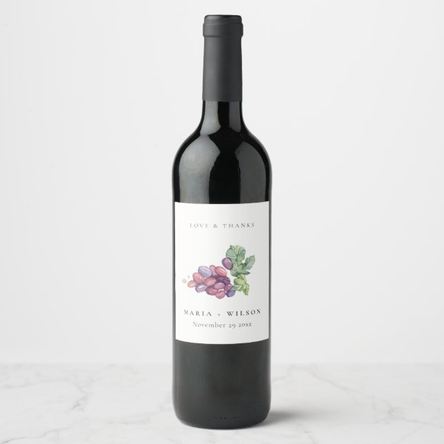 Rustic Elegant Watercolor Grape Foliage Wedding Wine Label (Front)