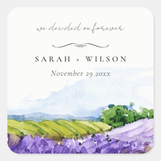 Rustic Elegant Watercolor Lavender Fields Wedding Square Sticker (Front)