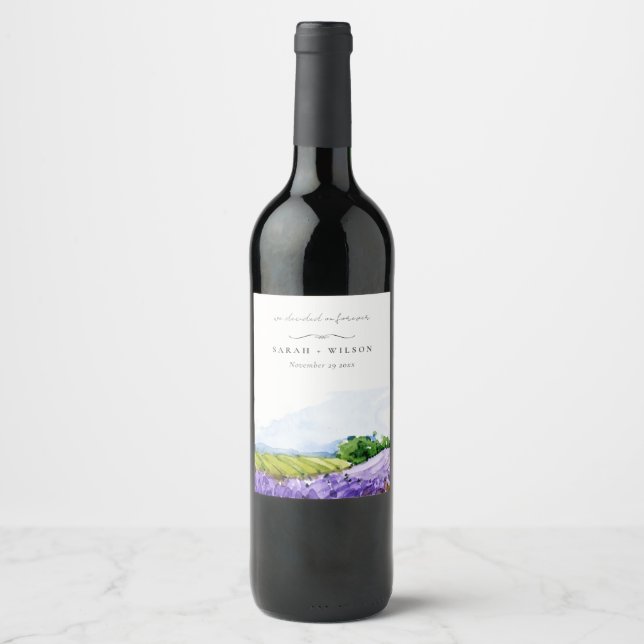 Rustic Elegant Watercolor Lavender Fields Wedding Wine Label (Front)