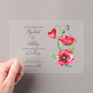 Rustic Elegant Watercolor Script Red Poppy Wedding Acrylic Invitations