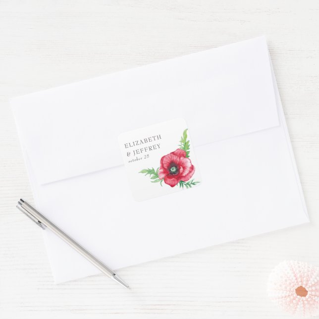 Rustic Elegant Watercolor Script Red Poppy Wedding Square Sticker (Envelope)