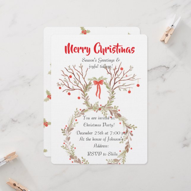 Rustic elegant watercolour Christmas invite cards (Front/Back In Situ)