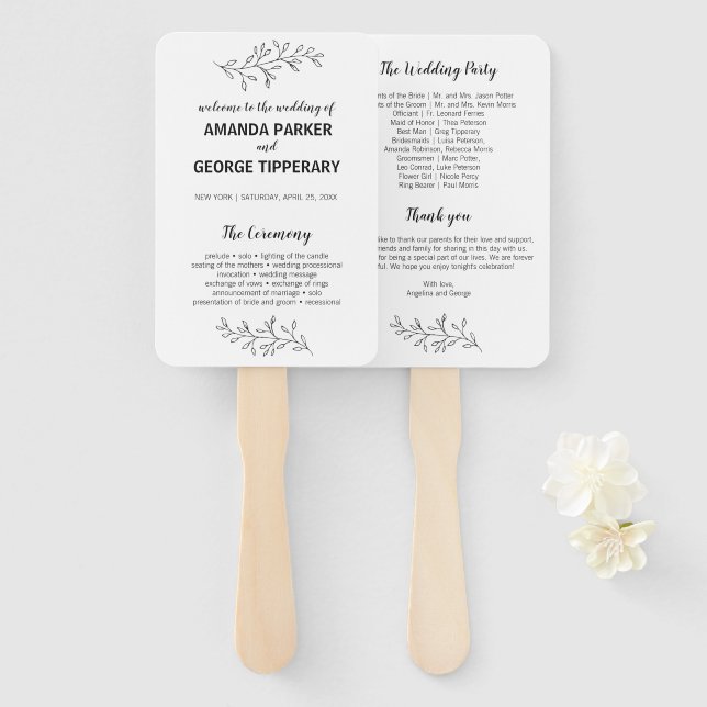 Rustic elegant wedding program fan (Front and Back)