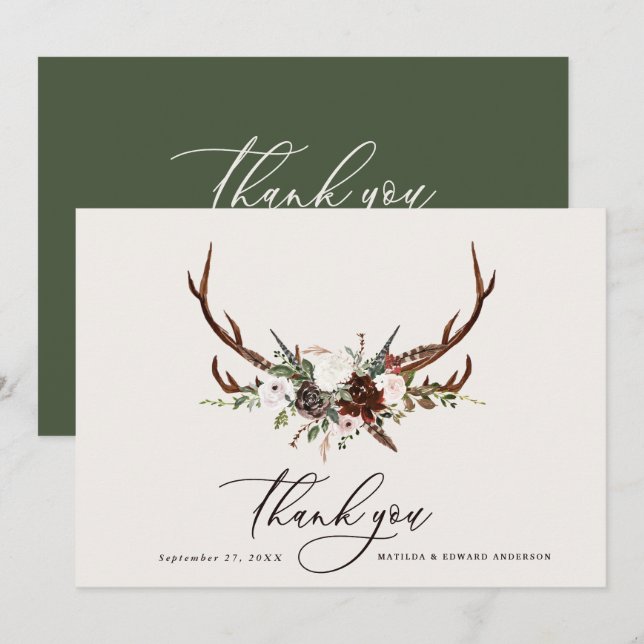 Rustic elegant wedding thank you  botanical card (Front/Back)