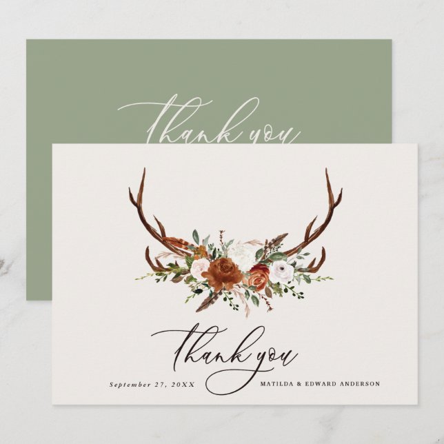 Rustic elegant wedding thank you rust sage green card (Front/Back)