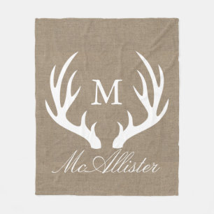 Rustic Elegant White Buck Antlers Faux Burlap Fleece Blanket