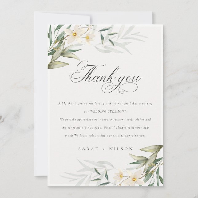 Rustic Elegant White Greenery Floral Wedding Thank You Card (Front)