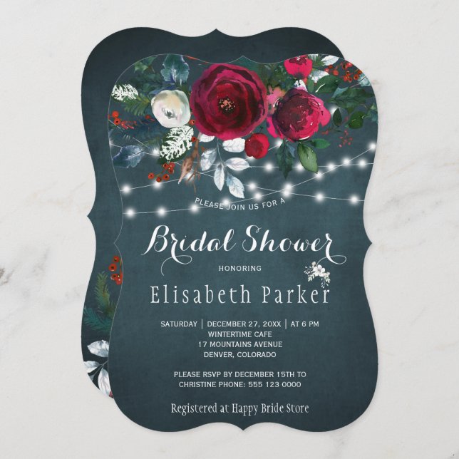 Rustic elegant winter floral chic bridal shower invitation (Front/Back)