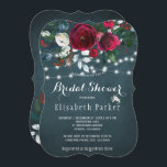 Rustic elegant winter floral chic bridal shower invitation<br><div class="desc">Winter rustic bridal shower party stylish invitation template on a dark navy blue chalkboard featuring a beautiful red wine burgundy and white peony roses bouquet with hunter green seasonal foliage, strings of white twinkle lights, and a trendy calligraphy script. Easy to personalise with your details! The invitation is suitable for...</div>