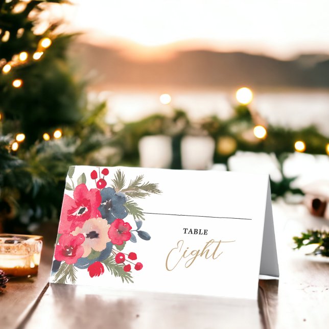 Rustic Elegant Winter Floral red green  Place Card (Rustic Elegant Winter Floral red green Place Card)